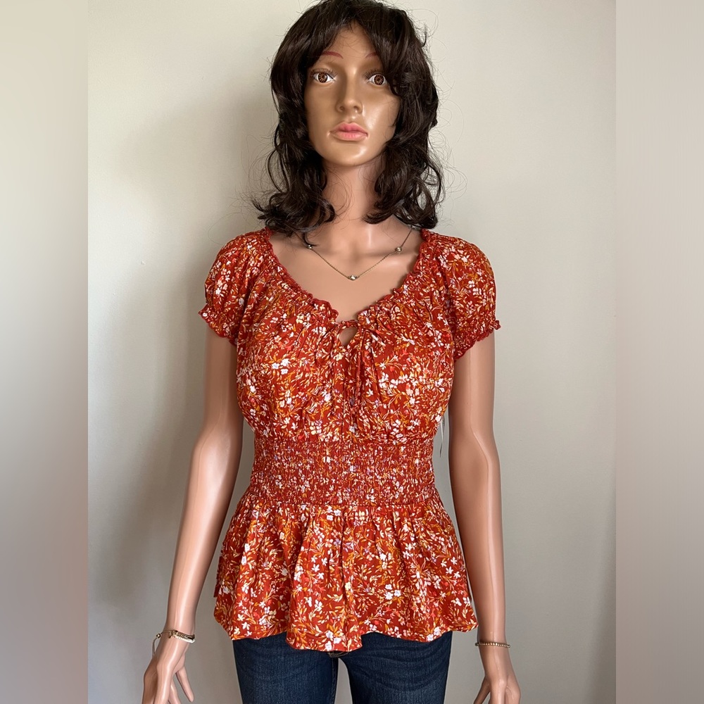 NWT Rust Flower Smock Waist Shirt